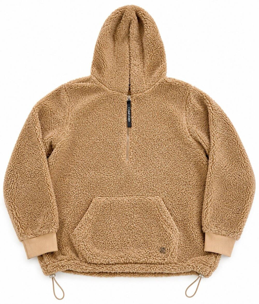 Calvin Klein Women’s Beige Sherpa Fleece 1/2 Zip Hoodie w/ Pockets Logo M